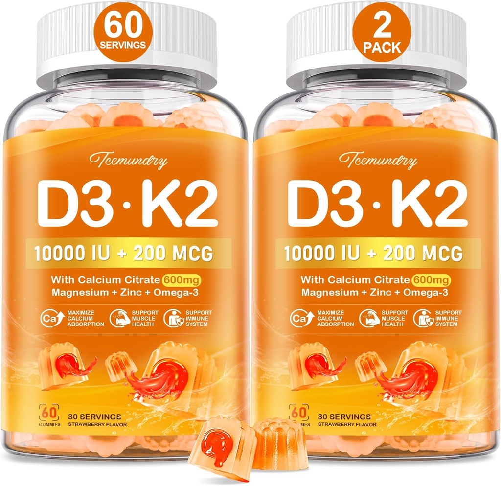 大人のためのビタミンD3 K2 5000IU/10000 IUのグミ - 600mgカルシウム、K2 (MK-7) 200mcg、マグネシウム、亜鉛、オメガ3 -サポートカルシウム吸収および免疫の健康