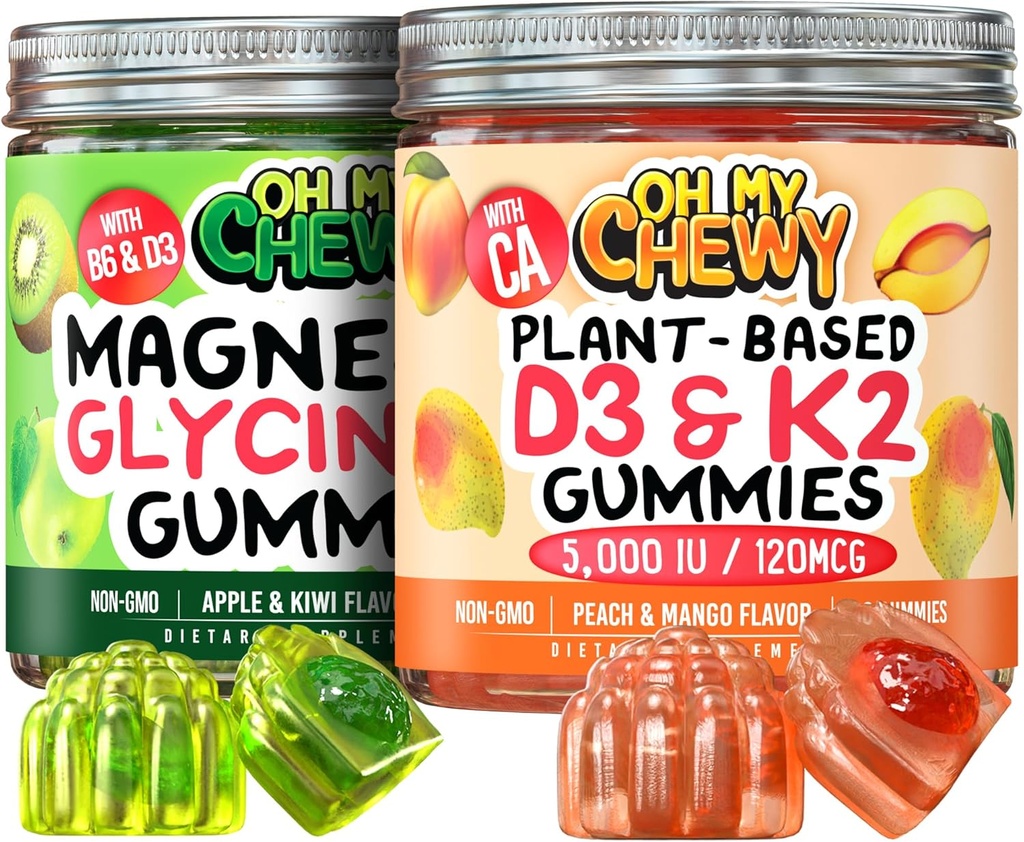 Magnesium + D3K2 Gummies Bundle – 2 Bottles (60 Each) – Apple Kiwi & Peach Mango