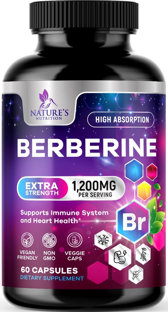 Berberine HCL 1200mgのサプリメント - Berberine HCIは、心臓の健康&免疫サポート、高強度、グルテンフリー、ビーガン、非GMOの丸薬 - 60ベジギーカプセル