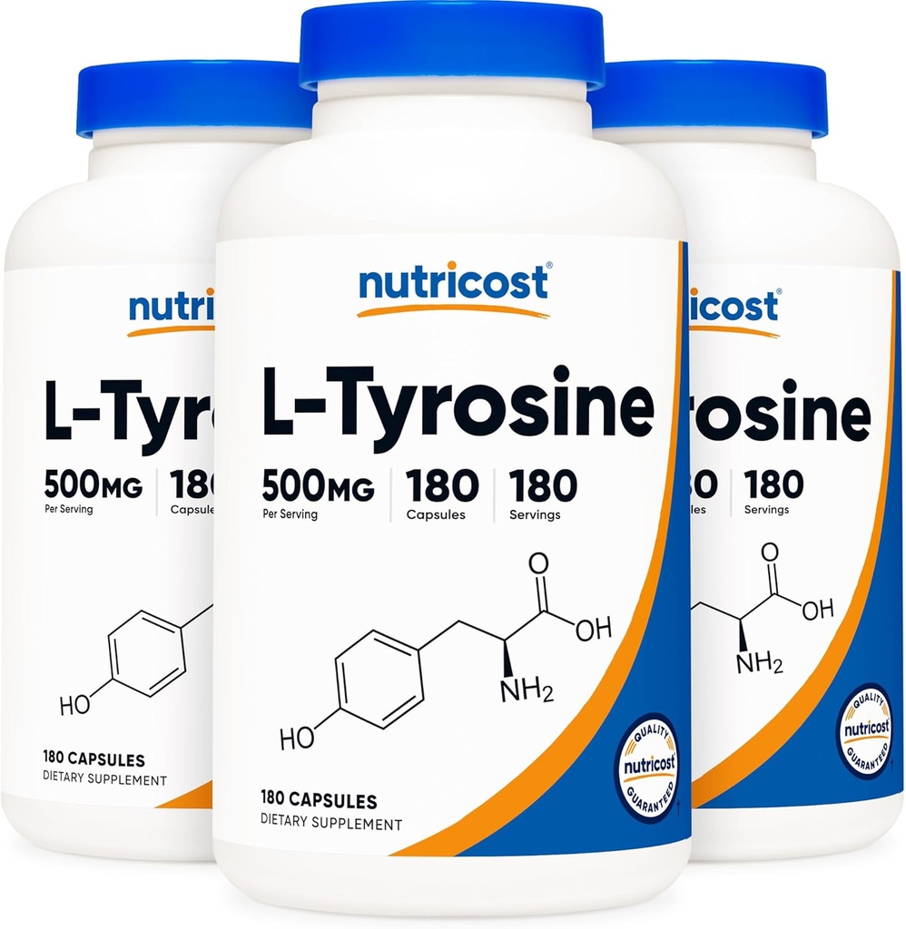 Nutricost L-Tyrosine 500mg、180カプセル(3本のびん)