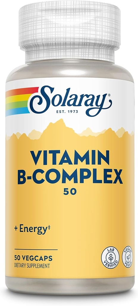 SOLARAYビタミンBコンプレックス50mg - 細胞エネルギービタミン - ビタミンB12、ビタミンB1、B6、ナイアシン、葉酸、ビオチンおよび他のBビタミン - ビーガン、50ベジキャップ