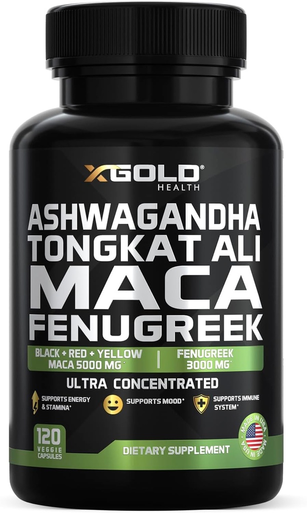Ashwagandha 5000mg + Tongkat Ali 1000mg + Maca Root 5000mg + Fenugreek 3000mgサプリメント | 黒+赤+黄色のマカ根エキス&女性のためのフェヌグリークハーブサプリメント - アメリカ製