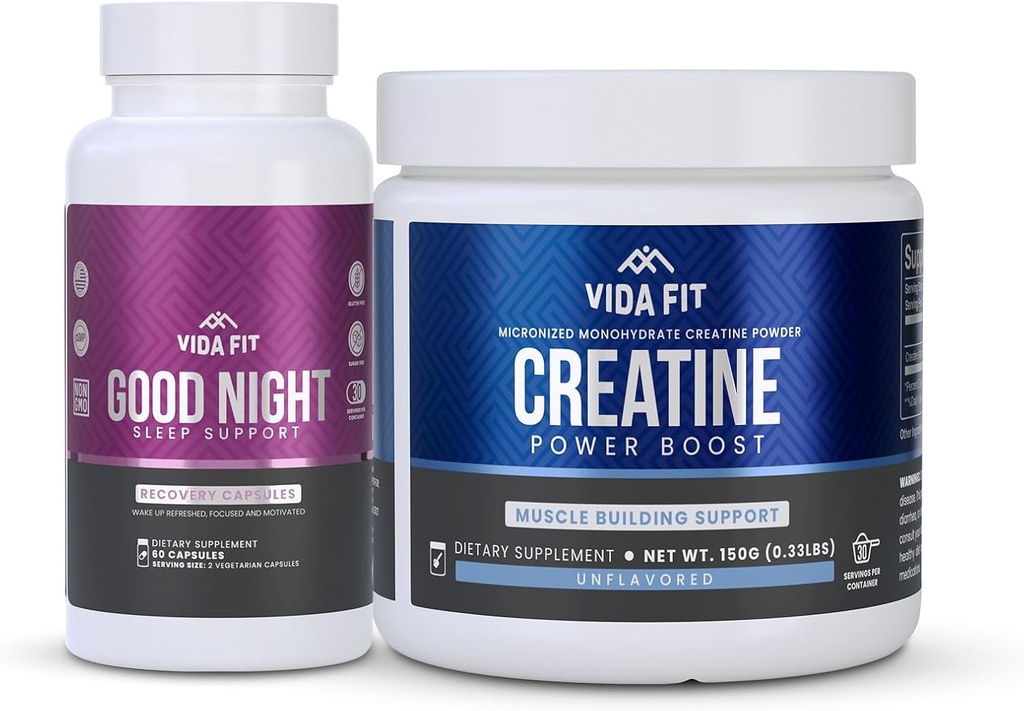 よい夜自然な睡眠の援助(60のカプセル)及びMicronizedのクレアチンの Monohydrateの粉(150g)の束–メラトニン、Ashwagandha及びL-テアニンと自然な睡眠サポート、増強のためのプラスの純粋なビーガンのクレアチン