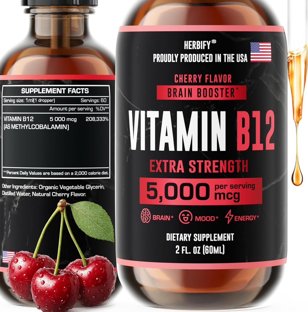 HERBIFYのビタミンB12は女性及び人のためのMultivitaminのエネルギー補足-液体B12のビタミン5000のMcgのMethylcobalamin -エネルギー サポートおよび免疫の健康の液体のビタミン2のOzをメチル化しました