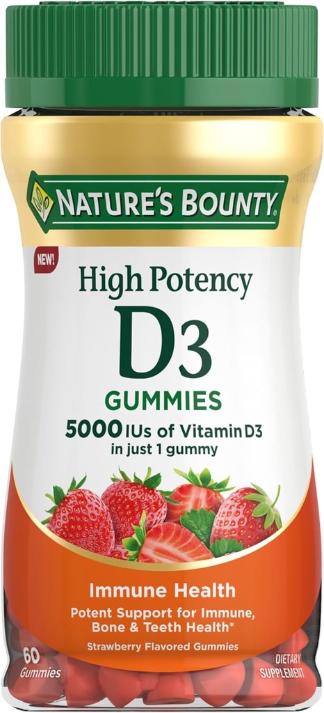 Nature's Bounty Vitamin D 5000 IU Gummies、ビタミンD3高効力免疫サポート&骨の健康サプリメント、1 Gummy、イチゴ味、2ヶ月の供給、60大人のためのベジタリアンガミー