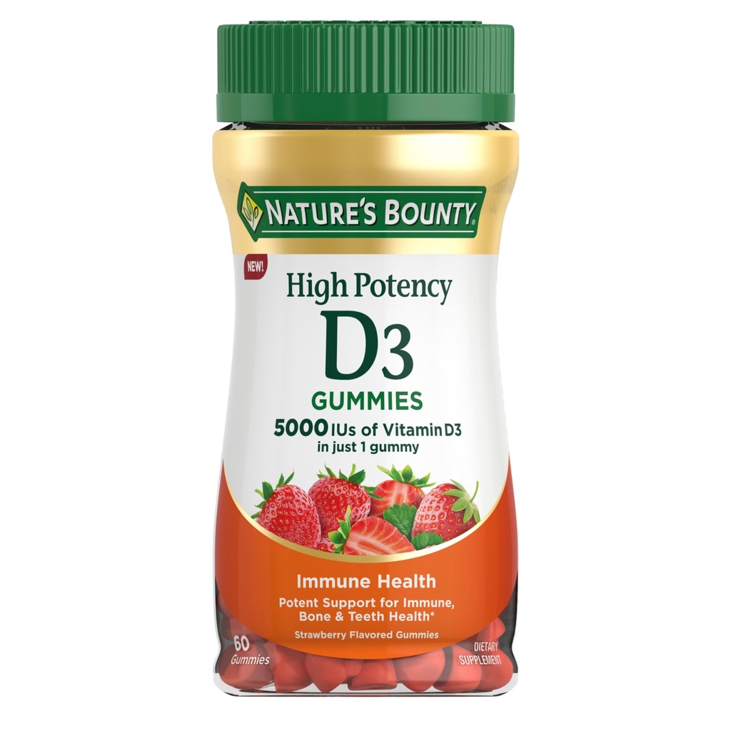 Nature's Bounty Vitamin D 5000 IU Gummies、ビタミンD3高効力免疫サポート&骨の健康サプリメント、1 Gummy、イチゴ味、2ヶ月の供給、60大人のためのベジタリアンガミー