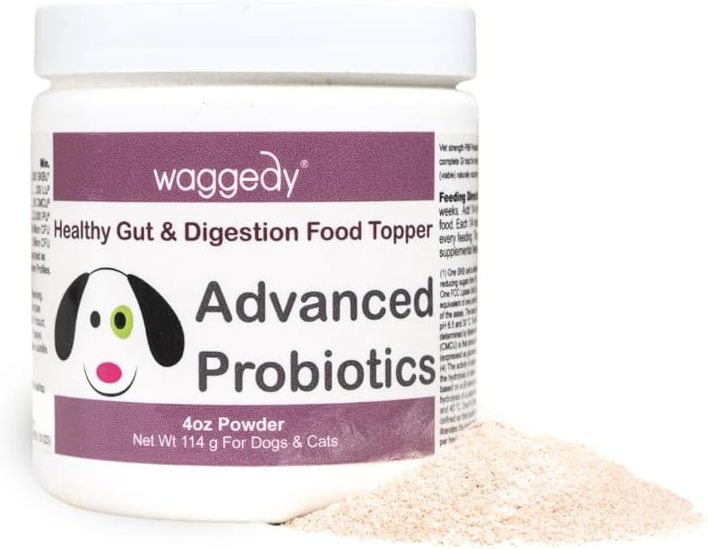 waggedy 高度なプロバイオティクス グット & 消化食品トッパー — 消化酵素 w/パパイヤ — プロバイオティック パウダー — 犬のサプリメント パウダー — 6 週間以上犬用製品 (114g)