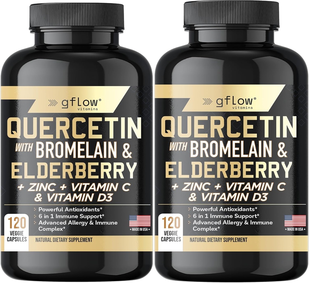 Quercetin with Bromelain Zinc Vitamin C Vitamin D Elderberry - 120 Veggie Capsules, Non-GMO, Gluten-Free | Immune Support Supplement | Made in USA | 4 Months Supply