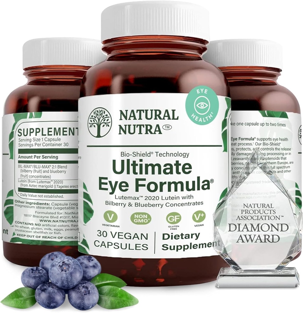 Natural Nutra Ultimate Eye Health Supplement - Bilberry & Blueberry Extract Blend for Day and Night Vision Support, Promotes Color Perception & Eye Clarity - Non-GMO, Vegan - 30 Capsules (Pack of 3)