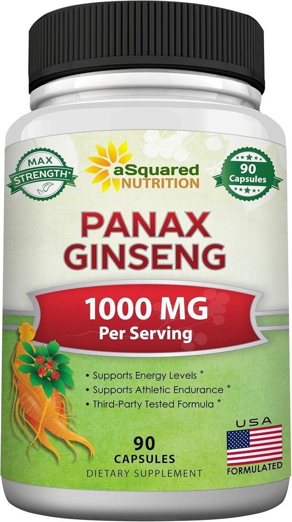 aSquaredの栄養の自然な韓国のPanaxのGinseng (1000mg最高の強さ) - 90のカプセルの根のエキスのコンプレックス(赤及び白)、種、アジアの粉の補足、エネルギーのためのタブレットの丸薬の高い適量のGinsenosides