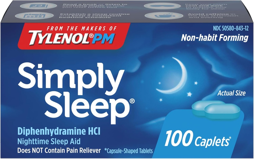 Tylenolの単に睡眠の夜間睡眠の援助のカプレット、大人のための睡眠の援助、100の計算を形作る25のmg Diphenhydramine HCl