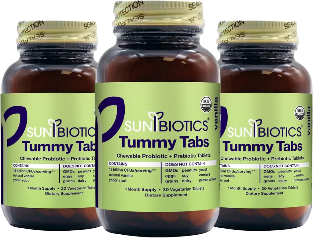 SUNBIOTICS Tummy Tabs - グッドグットフローラ、免疫システム、バランスのとれたマイクロバイオムのための4つのプロバイオティックストレインの18ビリオンCFUとChewable ProbioticとPrebioticタブレット - バニラ、(3)のパック