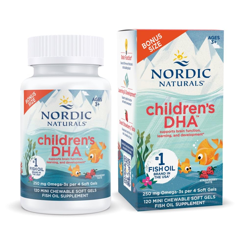 ノルディックナチュラルズ子供用DHA、いちご - 子供のための120ミニChewableソフトジェル - 250 mg Omega-3とEPA&DHA - 脳開発と機能 - Non-GMO - 30サービング