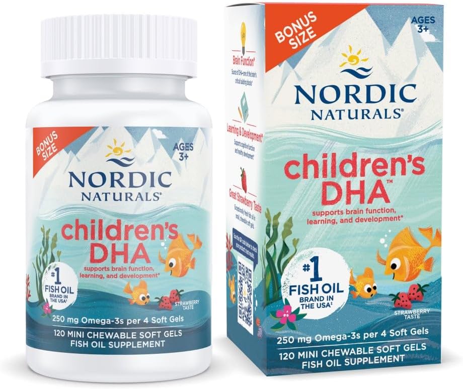 ノルディックナチュラルズ子供用DHA、いちご - 子供のための120ミニChewableソフトジェル - 250 mg Omega-3とEPA&DHA - 脳開発と機能 - Non-GMO - 30サービング