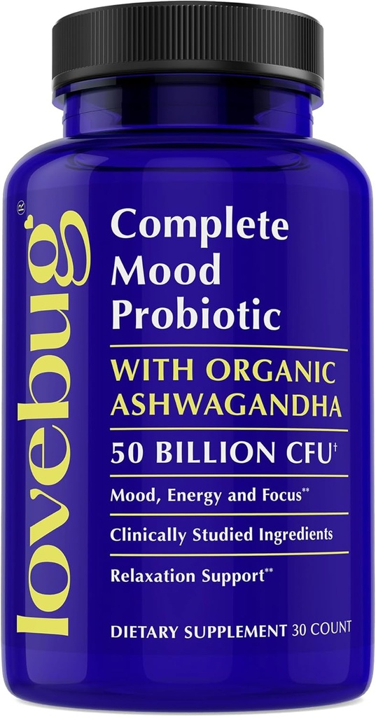 LoveBug Complete Mood Probiotics for Women - 50 Billion CFU, 10 Clinically Studied Strains, Lactobacillus Bifidobacterium Probiotic with Ashwagandha Digestive Health, Mood Support Supplement, 30 Count