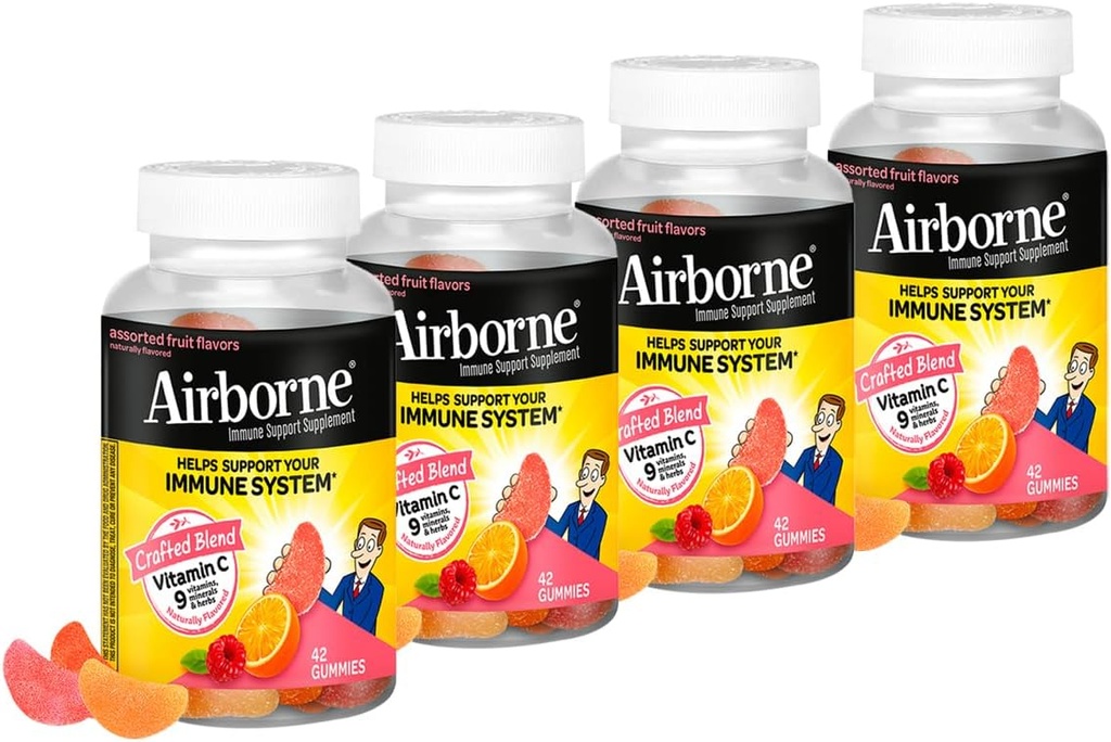 大人のためのAirborne 750mgのビタミンCの免疫サポート補足のグミ、分類されたフルーツの味、強力な酸化防止剤のビタミンA C及びEの42のグミ(4のパック)が付いているグルテンフリーの細工されたブレンド