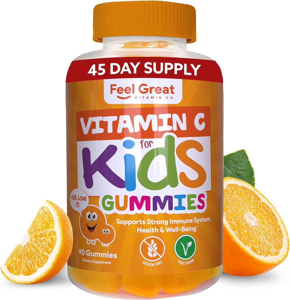 Kids Vitamin C Gummies Chewable for Immune Defense | Plant-Based, Gluten Free | Vegan | 250 mg per Serving | 90 Gummies | Vitamins for Kids by Feel Great Vitamin Co.