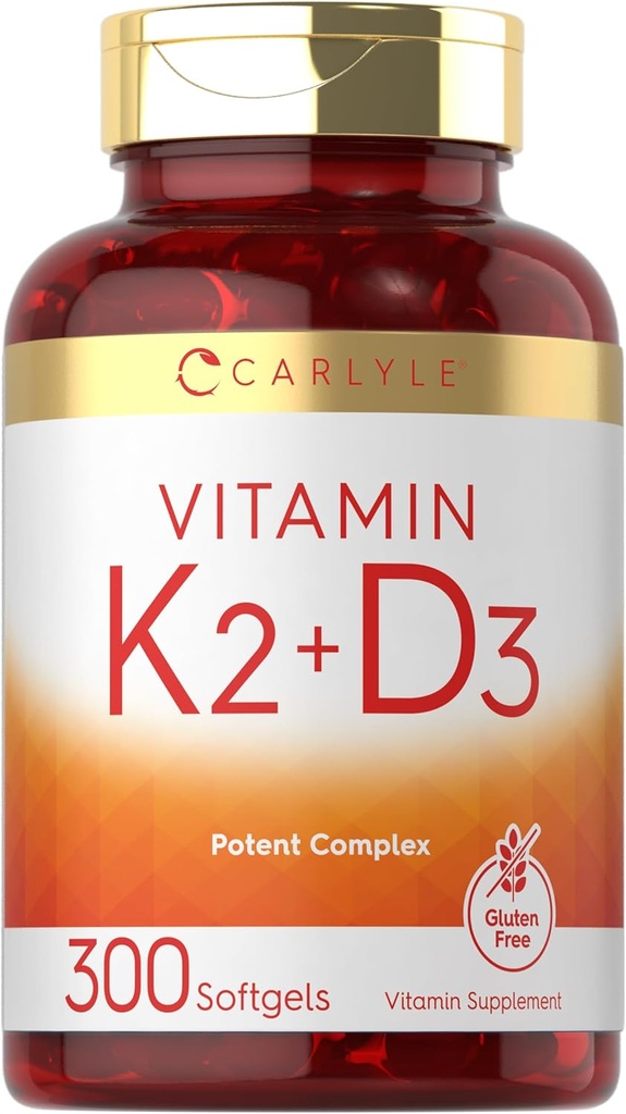 カーライルビタミンK2 D3サプリメント | 300 Softgels | 200mcg K2 MK7 & 10,000 IU D3 | 非GMO、グルテンフリー
