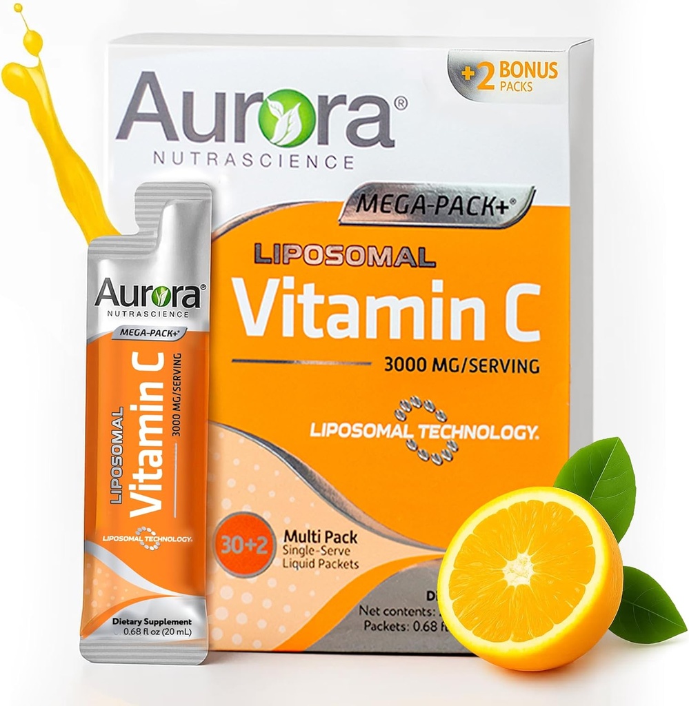 Vida Lifescience Aurora Nutrascience Mega-Pack Liposomal Vitamin C, 免疫サポート, 3,000 mg/サービング, ビーガン, グルテンフリー, 非GMO, 32 シングルサーブパケット, オレンジ