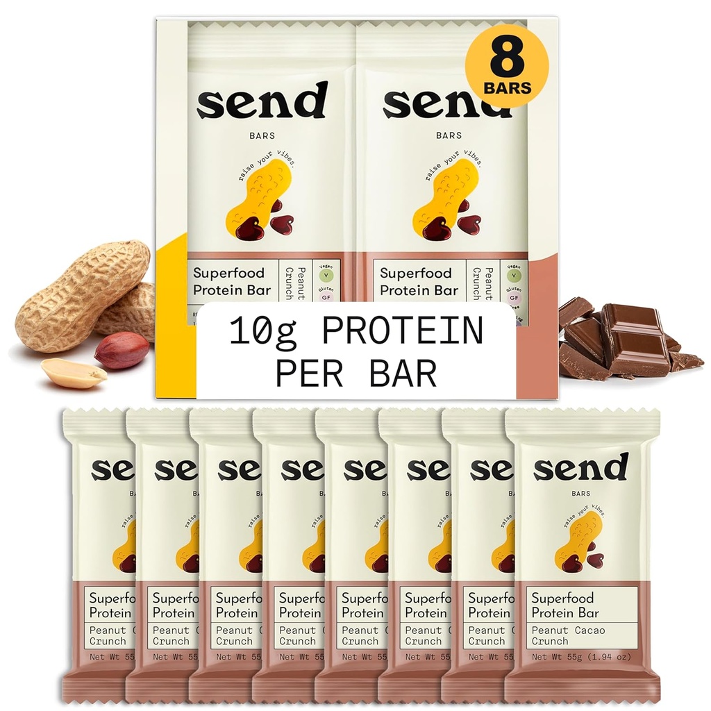 Send Bars Plant-Based Vegan Healthy Protein Bars, With Greens (Peanut Cacao Crunch, 8 Bars) – Only Real Ingredients, Zero Added Sugar, Gluten-Free, Dairy-Free