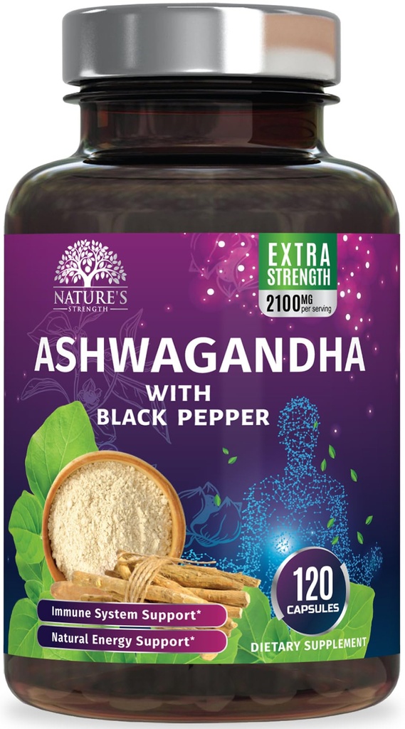 Ashwagandhaは2100mgを補います - 最高の吸収のための黒いペッパーが付いている余分強さのAshwagandhaの粉及び根のエキス、女性及び人のための草の酸化防止補足、ビーガン、非GMO - 120のカプセル