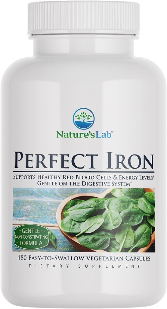 Nature's Lab Perfect Iron 25mg Dietary Supplement - Gentle Non-Constipating Formula - Supports Healthy Red Blood Cells & Energy Levels - 180 Capsules (6 Month Supply)