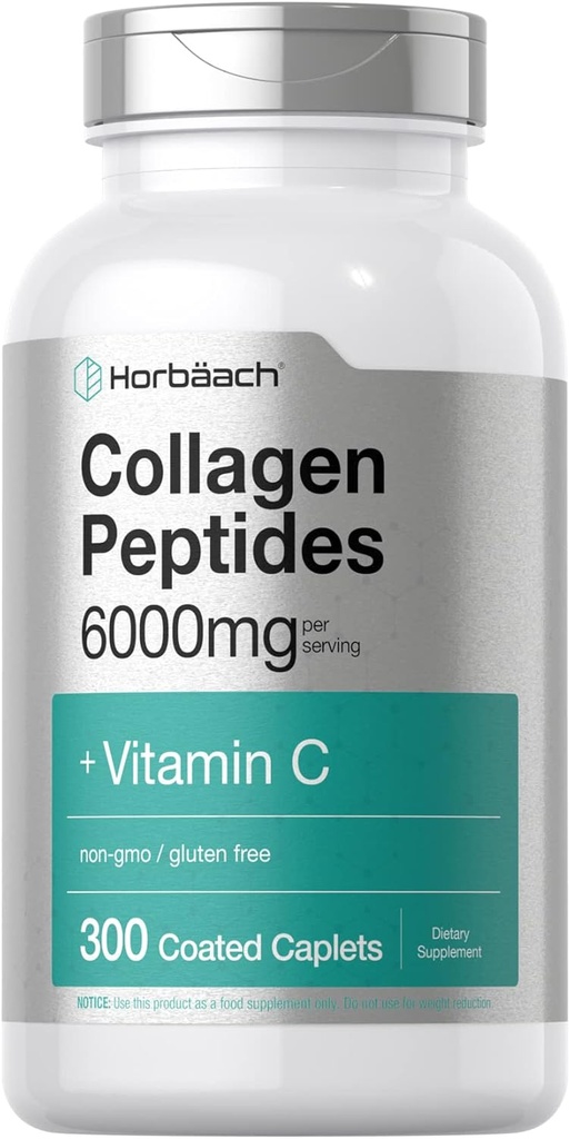 Horbäach Collagen Peptides 6000mg | 300 Caplet Pills | with Vitamin C | Hydrolyzed Collagen Supplement | Non-GMO, Gluten Free