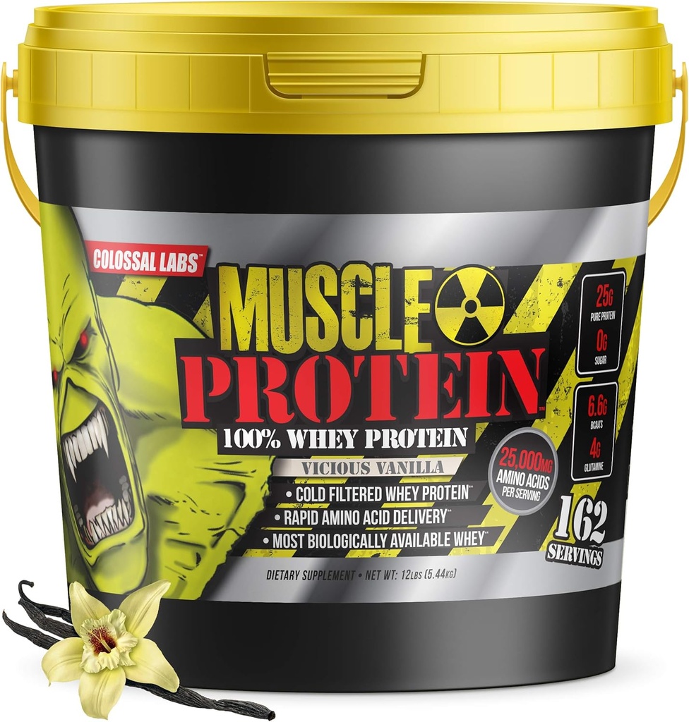 COLOSSAL LABS Muscle Whey Protein Flavored Protein Powder, 25,000mg Amino Acids/Serving, Cold Filtered(Packaging May Vary) (12 Pound (Bucket), Vanilla)