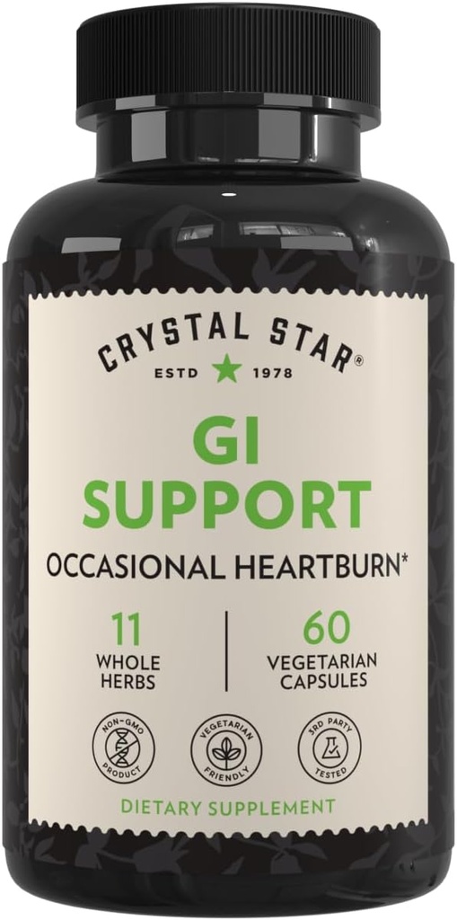 Crystal Star GI Support Supplement (60 Capsules) – Herbal Gut Health Supplement That soothes Occasional Heartburn and Supports Acid Reflux – Ginger, Slippery Elm Bark & Betaine HCL – Non-GMO