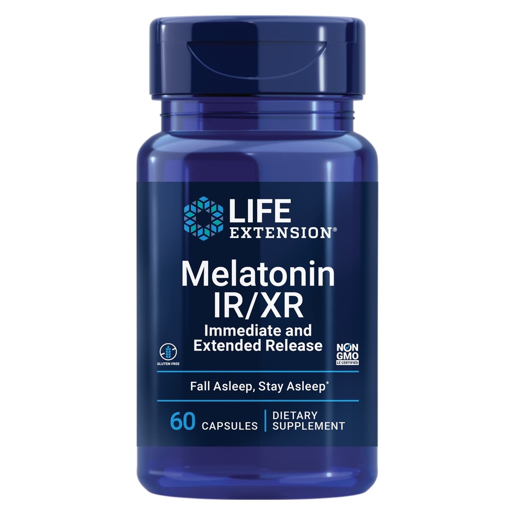 ライフエクステンションメラトニンIR / XR、1.5mg、即時および拡張リリースフォーミュラのための最適な睡眠サポート、健康なサーカディアンリズム、細胞防衛、グルテンフリー、非GMO、60カプセル