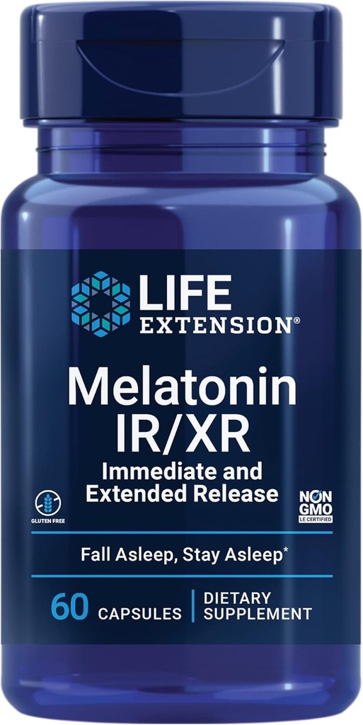 Life Extension Melatonin IR/XR, 1.5 mg, immediate- and Extended-Release Formula for Optimal Sleep Support, Healthy circadian Rhythms, Cellular Defense, Gluten-Free, Non-GMO, 60 Capsules