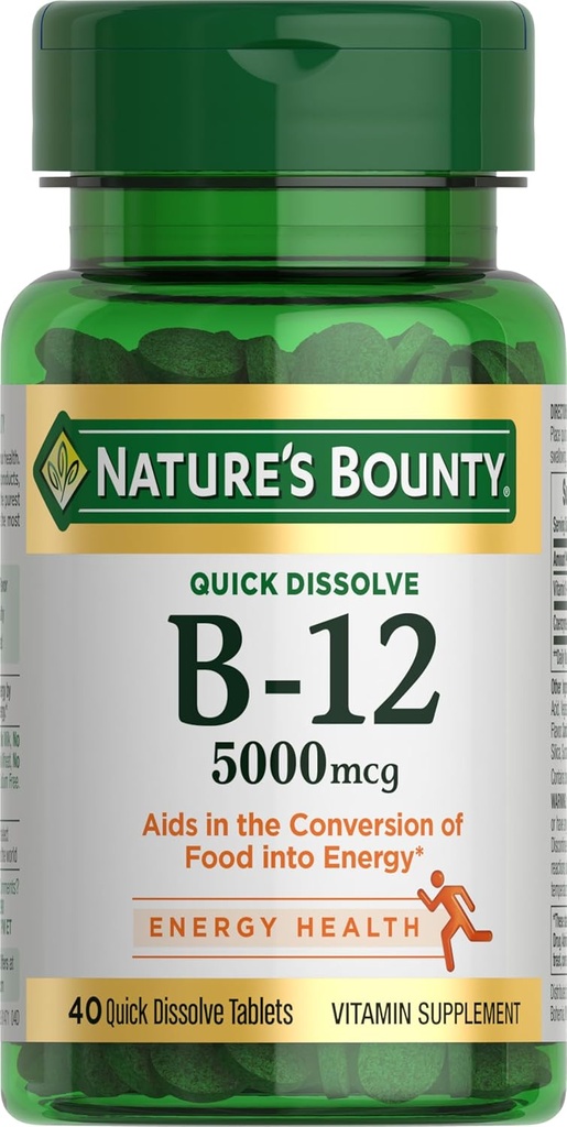 Nature's Bounty Vitamin B12、エネルギー代謝と神経系の健康、5000mcg、40クイック解体タブレットをサポート