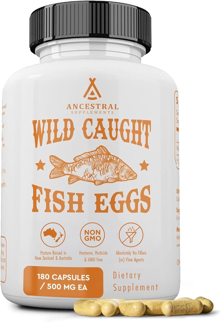 Ancestral Supplements Wild Caught Fish Eggs, 2400mg, Omega-3 Supplement Supports Brain, Heart, Fertility and Inflammatory Health, Whole Food Source of Vitamin D, K2, and A, Non-GMO, 180 Capsules