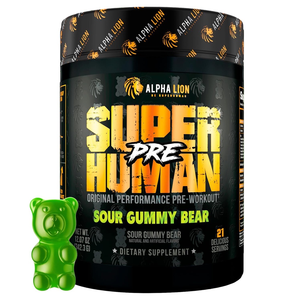 ALPHA LIONのSuperhumanのプレワークアウトの粉、ベータAlanine、Sustainedのエネルギー及び焦点のためのL-Taurine及び三源のカフェイン、ポンプ(21のサービング、サワー・ガミーの熊の味の味)のためのニトリの酸化物及びCitrulline