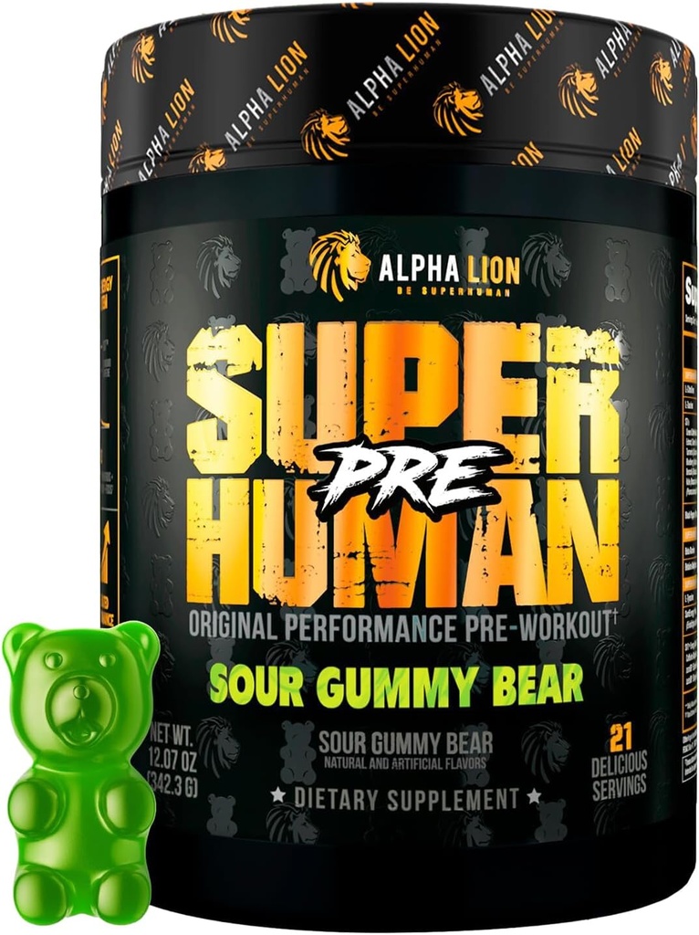 ALPHA LIONのSuperhumanのプレワークアウトの粉、ベータAlanine、Sustainedのエネルギー及び焦点のためのL-Taurine及び三源のカフェイン、ポンプ(21のサービング、サワー・ガミーの熊の味の味)のためのニトリの酸化物及びCitrulline