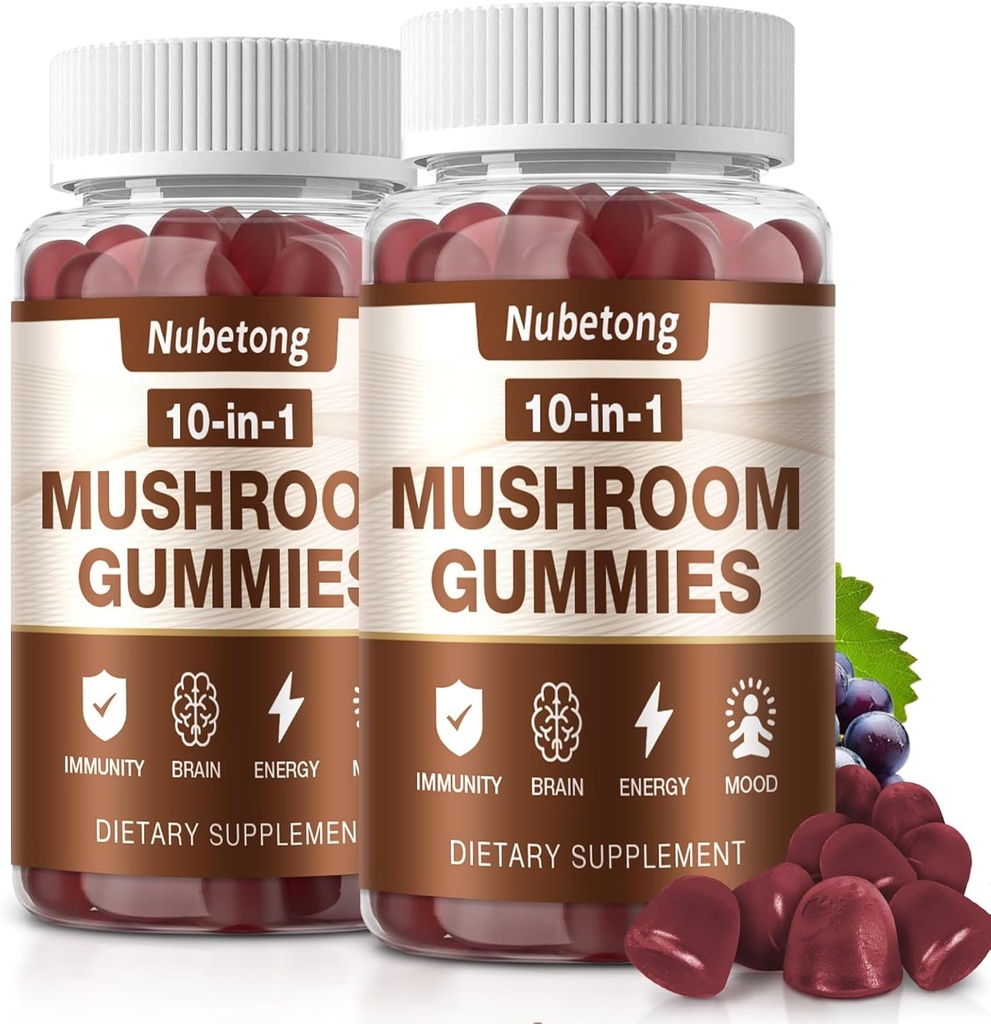 NUBETONGのきのこのグミ - ライオンのマネ、Reishi、チャガおよびトルコの尾が付いている大人のための10xのきのこの補足 - 脳ブースター、免疫サポート、圧力救助および焦点サポート(2パック)