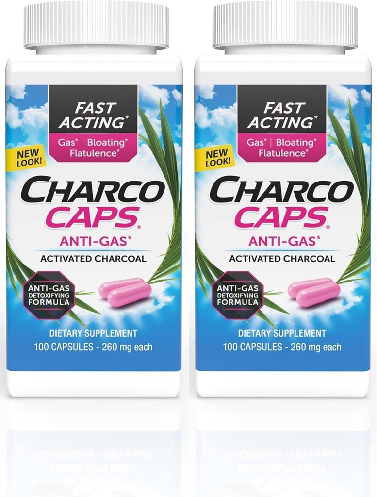 Charcocapsは膨らみ及び鼓動のための速い代理のガス救助を薬剤の自由な解毒の活動化させた炭方式、100カプセル、30日の供給、2のピンク パックを乾燥させます