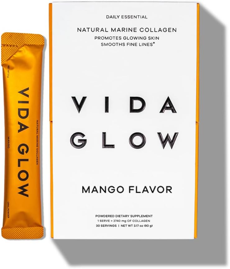 Vida Glow Marine Collagen Powder - Anti Aging Supplement with Collagen Peptides, Promotes Glowing Skin, Strong Nails, Healthy Hair | 30 Servings, Mango Flavor
