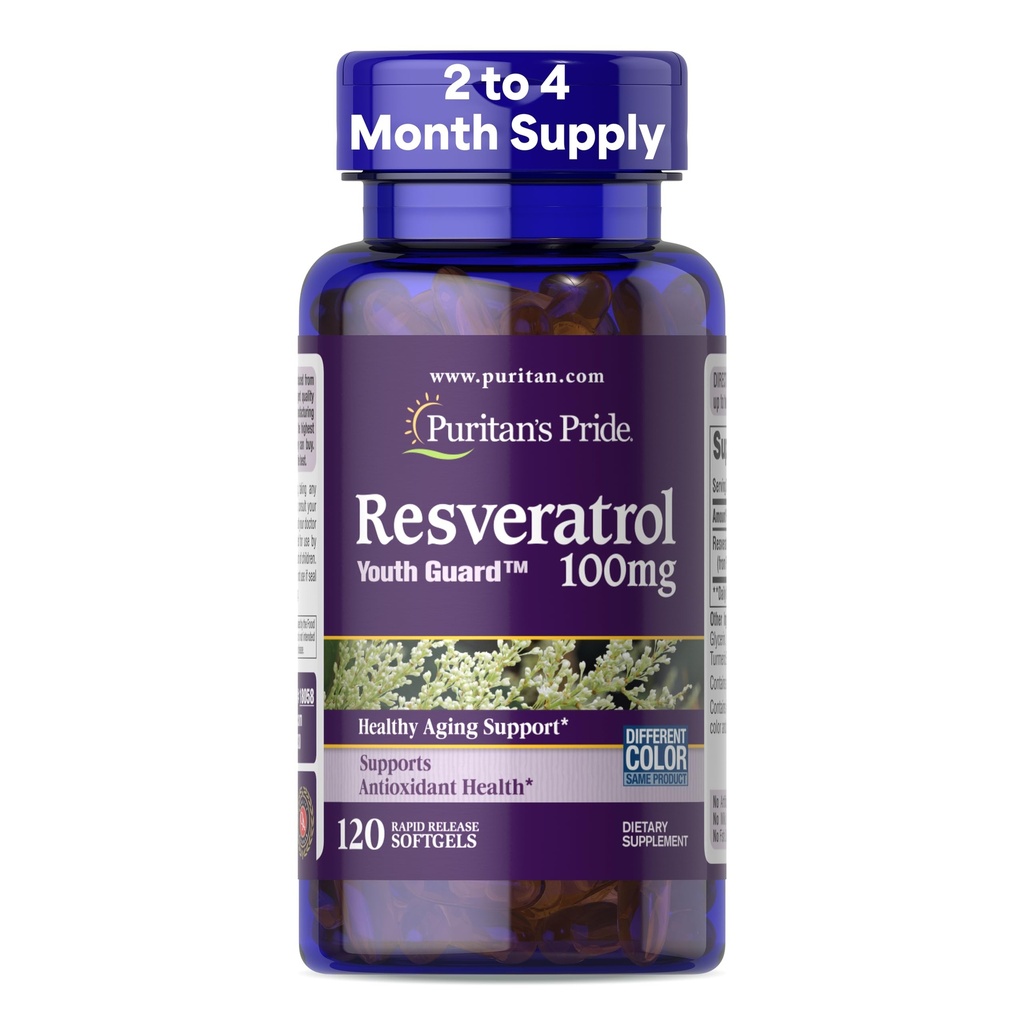 Puritan's Pride Premium Resveratrol Youth GuardTM 100mg、免疫システム、抗酸化剤、砂糖代謝、血流、および血管機能サポート、120 Rapid Release Softgelsの栄養補助食品