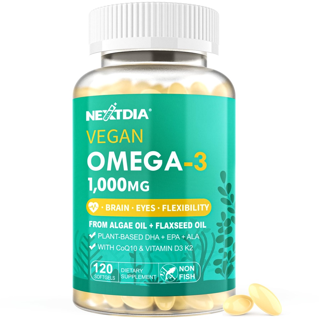 ビーガンオメガ3 DHA EPA ALA 5000IUビタミンD3 K2(MK7)、CoQ10 for Women Men | 魚油代替 | 植物ベースの藻油オメガ3 1000mg骨、脳、目、皮膚 | 120 Softgels
