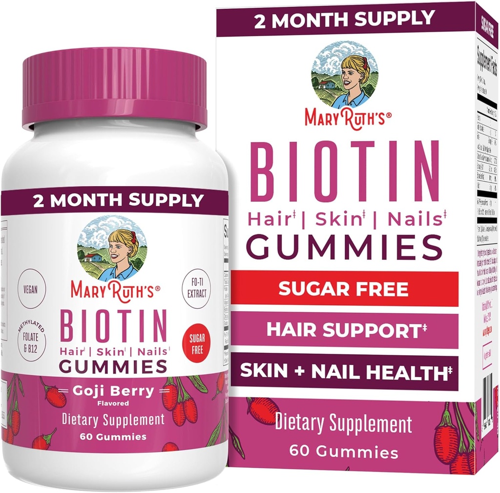 MaryRuth Organics Biotin Gummies | 砂糖フリー | 完全菜食主義者 | 完全菜食主義者 | 2,500mcg ビオチンサプリメント | 美容皮膚・爪のビタミン | 毛の成長のビタミン | 毛の成長の補足 | 60 カウント