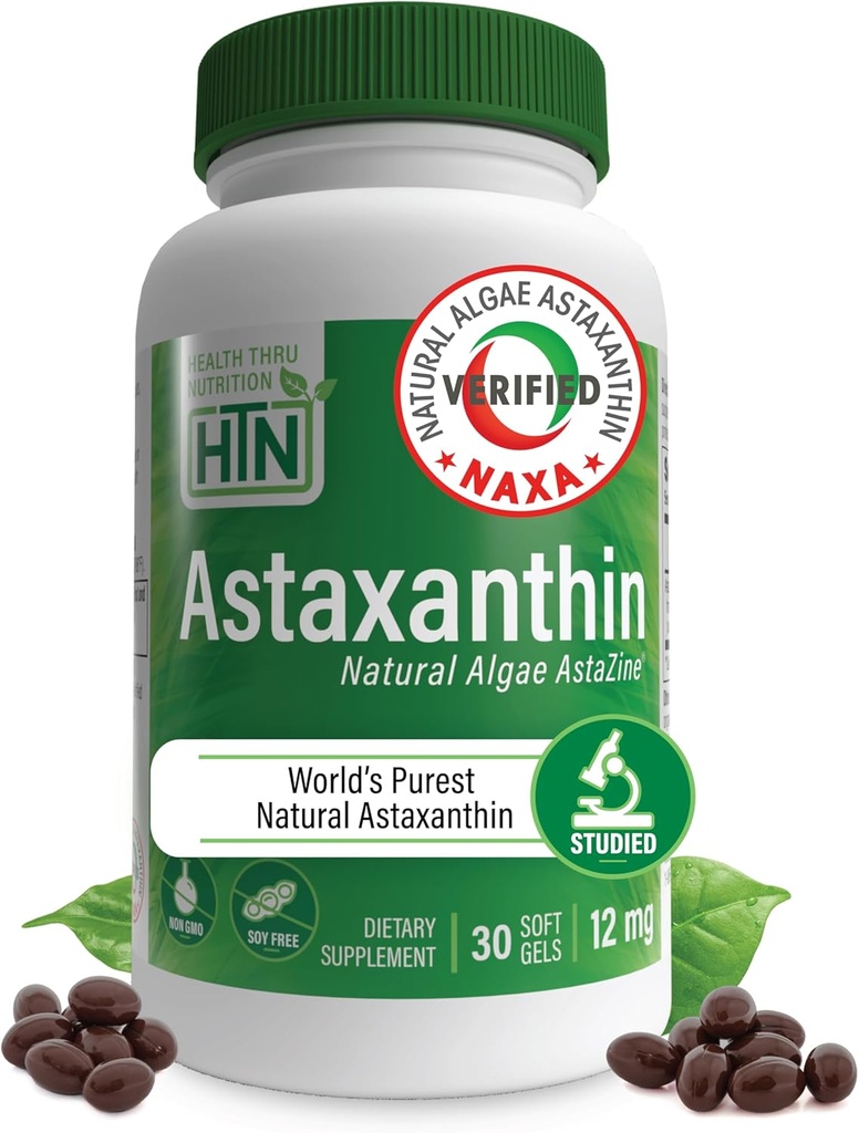 Health Thru Nutrition Astaxanthin Triple Strength 12mg Supplement 30 Softgels | AstaZine from Algae Organically Grown in Pristine Himalayan Water | Skin and Vision Support