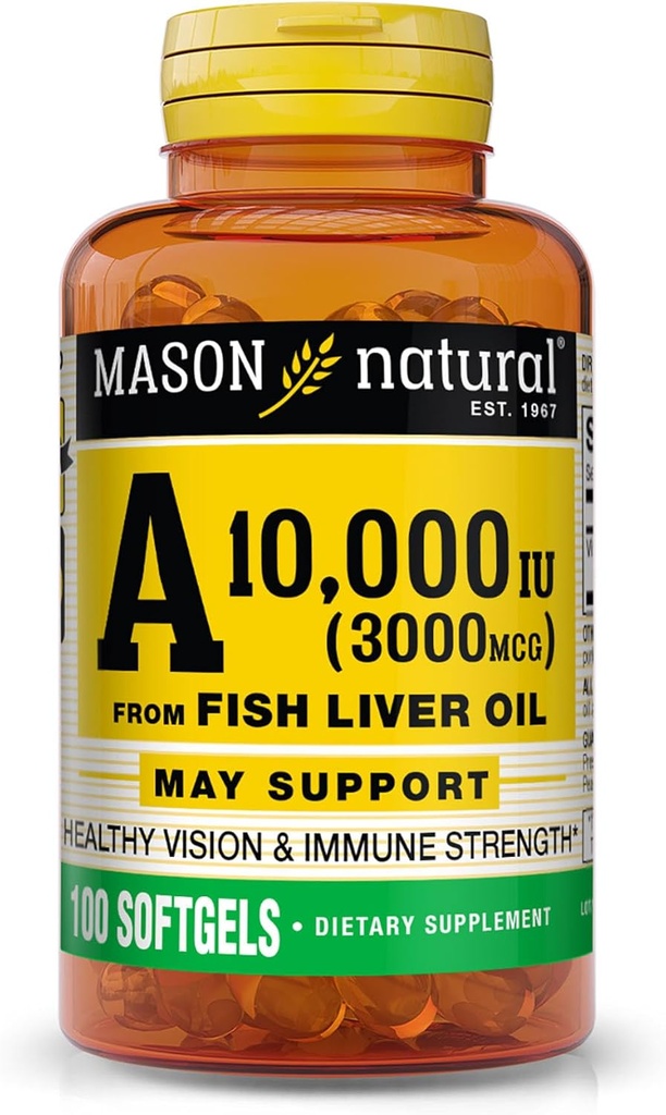 MASON NATURAL Vitamin A 3,000 mcg (10,000 IU) from Fish Liver Oil, Supports Vision & Immune Health, 100 Softgels