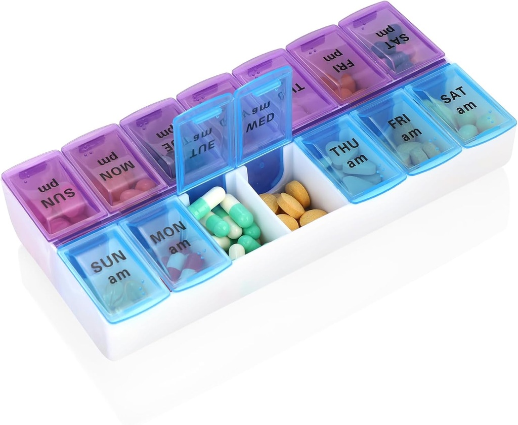 Weekly Pill Organizer 2 Times A Day 7 Day Pill Box Holder Large Daily Medicine Organizer Travel Pill Case Pill Container (2 Times Blue+Purple)