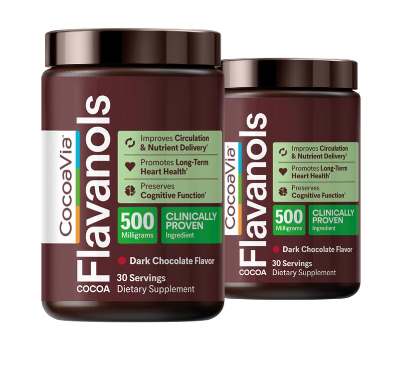 CocoaVia Cocoa Flavanols 500mg – 心臓と脳のサポート, 高フラバンオールココアエキス, 窒化物ブースト, 血液循環と記憶, プレワークアウト, ビーガン, グルテンフリー, ダークチョコレート, 60日間