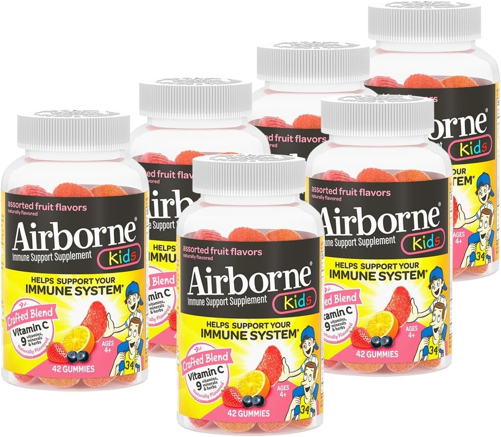 Airborne 500mg Vitamin C + Zinc Immune Support Supplement Gummies for Kids, Assorted Fruit Flavor, Gluten Free Crafted Blend with Powerful Antioxidants Vitamins C & E, 42 Gummies (6 Pack)
