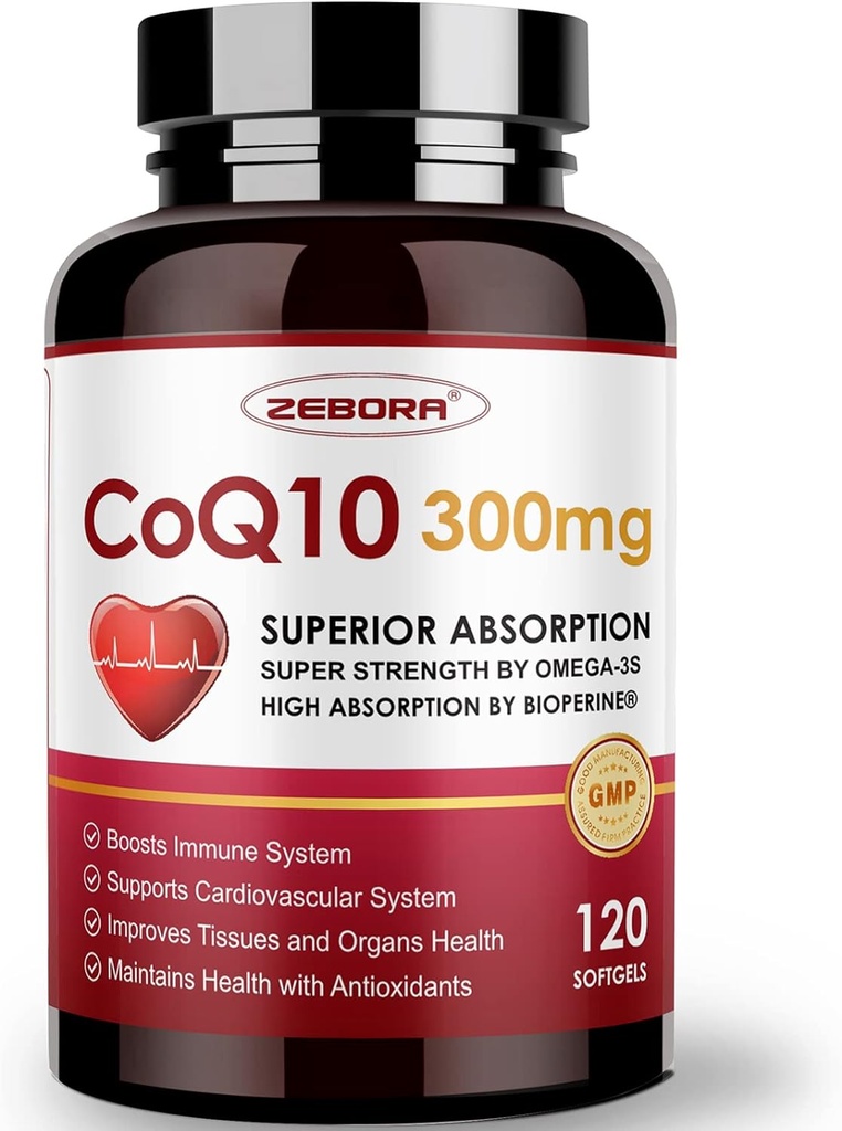 PQQ、BioPerine及びOmega-3、120のZEBORA CoQ10-300mg-Softgelsは高吸収のためのCoenzyme Q10 (Ubiquinone)の補足、強力な酸化剤、サポート中心健康及びエネルギー生産に与えます
