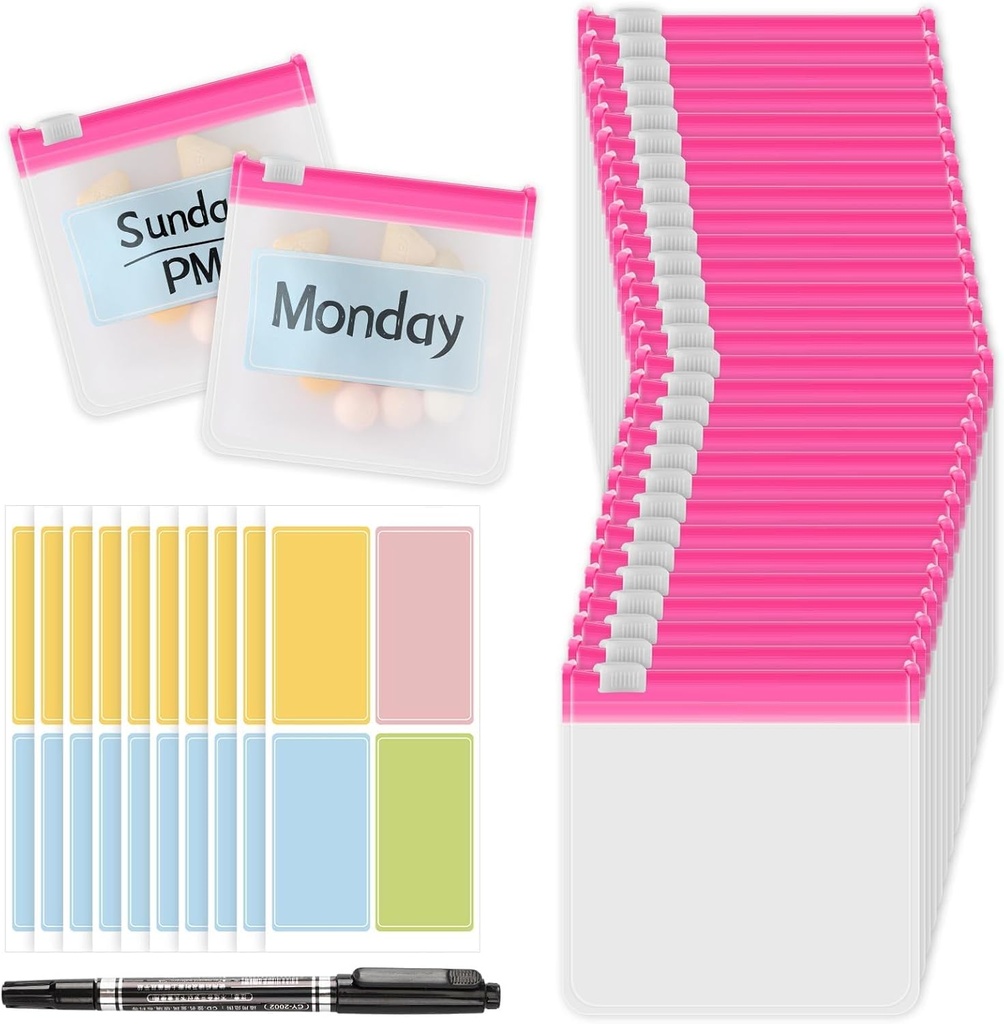 MARFOREVER 39のPCの丸薬の袋は丸薬のオルガナイザー、再使用可能な丸薬の箱の小さい薬袋、スライド ロック10のシートのラベルおよび1つのPcのマーカーが付いている28 PCのピンクのプラスチック丸薬の容器を袋に入れます