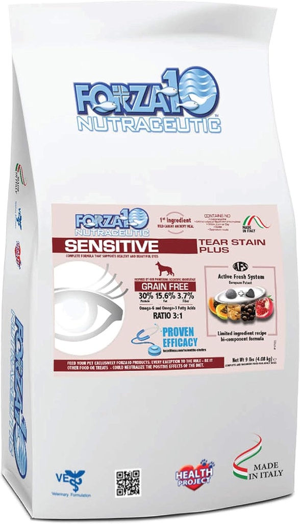 Forza10 Sensitive Tear Stain Grain Free Dry Dog Food, Healthy Dry Dog Food Formulated to Reduce Dog Tear Stain, Dog Eye Care and Tear Stain Remover (9 Pounds)