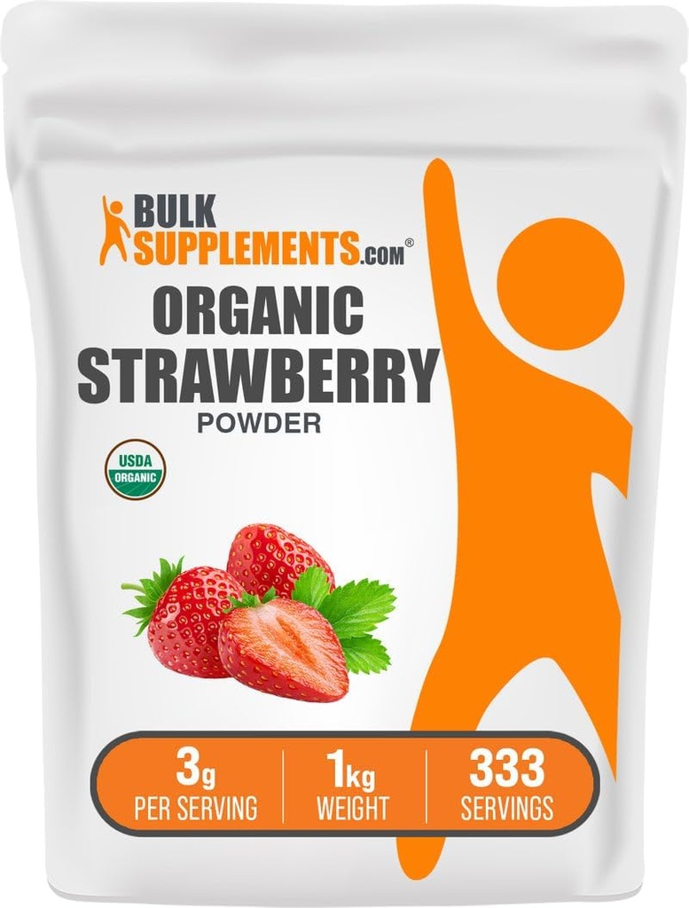 BulkSupplements.comオーガニックイチゴパウダー - オーガニックイチゴのフルーツパウダー - 砂糖なし&グルテンフリー、サービングあたり3g、1kg(2.2ポンド)(パッケージ1)